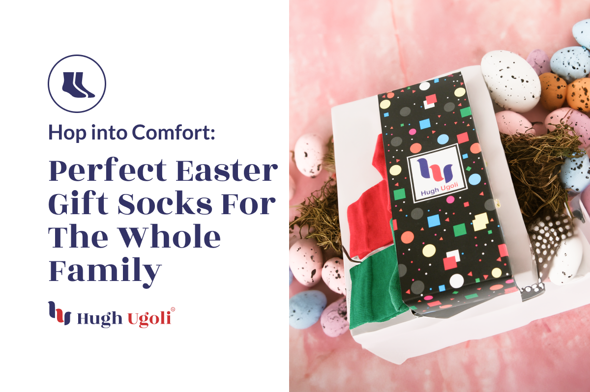 A cozy Easter gift box with vibrant socks, nestled among speckled eggs and soft pink hues, evokes the joy of springtime gifting.